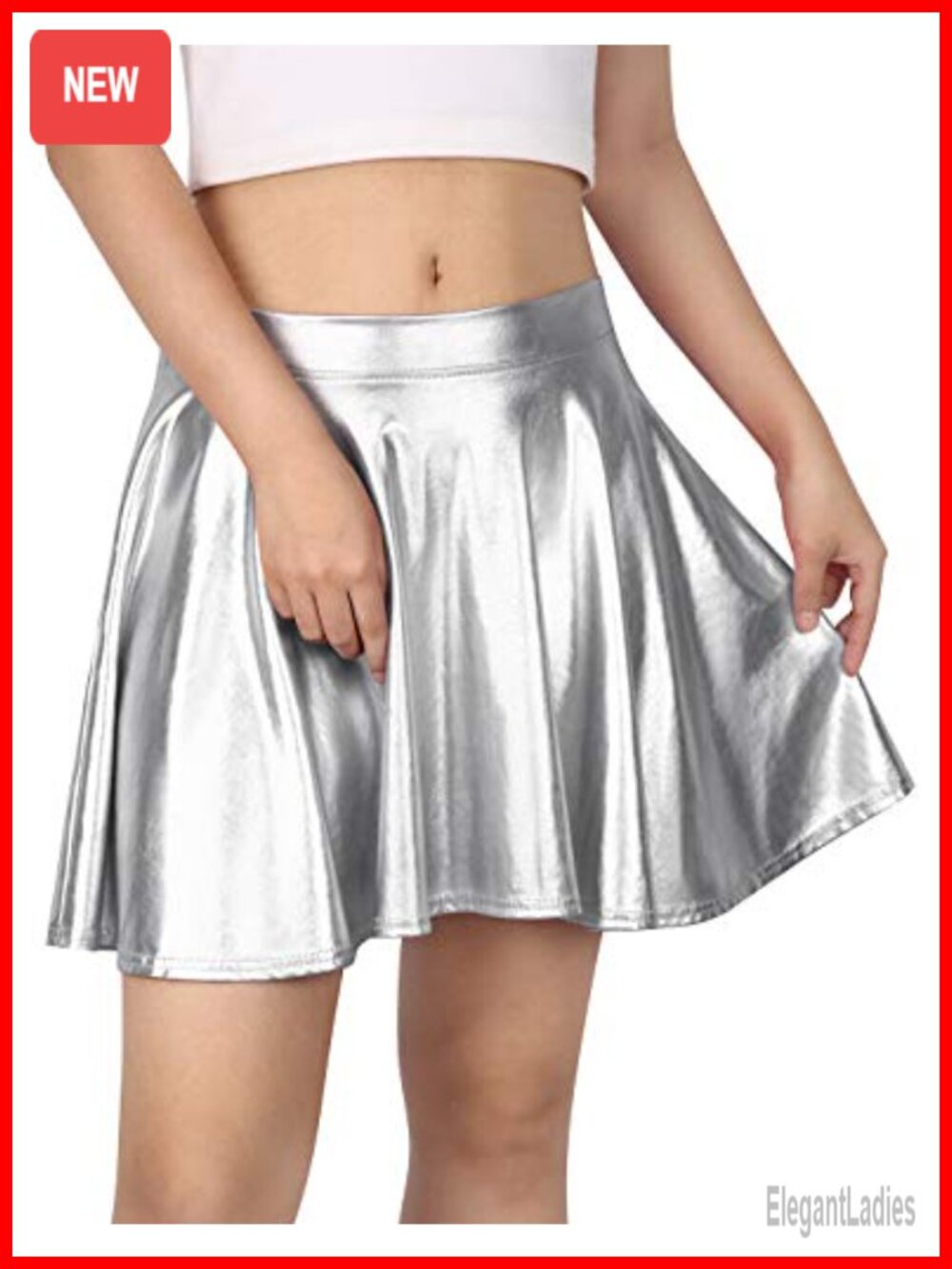 Metallic Pleated A-Line Circle Skater Mini Skirt High Waist Stretch Flowy Party